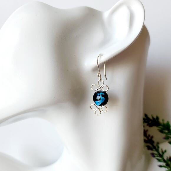 Agate Stone Beads Silver Wire Wrapped Dangle Earrings - Picture 3 of 9